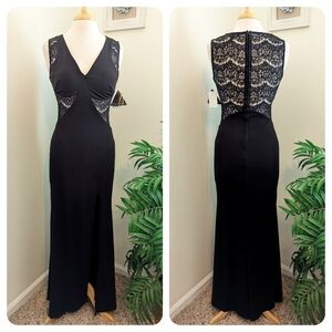 City Triangles Backless Plunge Lace Slit Formal Gown Maxi Dress Black